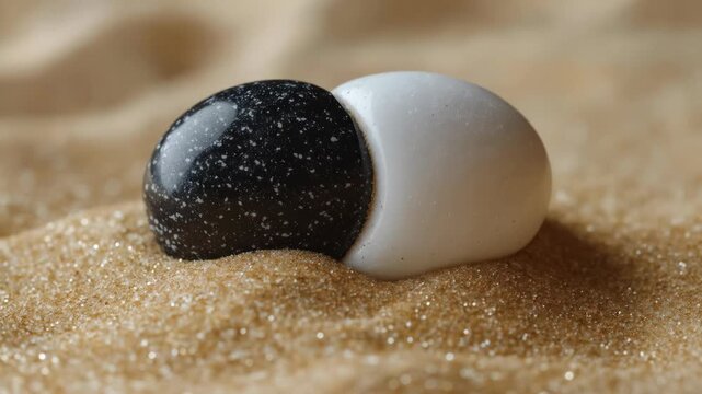 Two smooth, egg-shaped stones, one dark speckled, the other light, sit in fine, sparkly sand