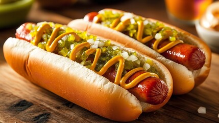 Delicious homemade hot dogs with mustard, relish, and onions on a wooden cutting board for lunch