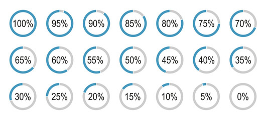 Round diagrams icons for infographics from 0 to 100 percent. Percentage infographics flat elements. Colour fill divided pie chart indicators in blue, grey. Mockup of circle graph loading progress bars