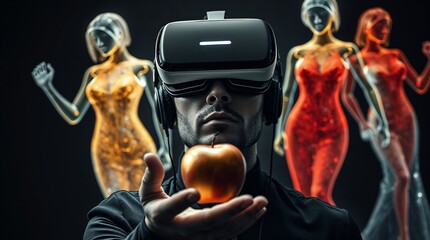 Modern-day Paris in virtual reality holding golden apple choosing most beautiful virtual goddesses, illustration for Greek myth "The Judgement of Paris"