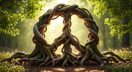 Naklejka premium Ancient tree roots form a giant peace symbol in a sunlit enchanted forest