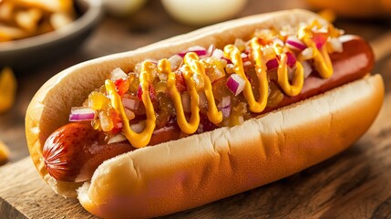 Close up of a delicious hot dog with mustard, relish, and onion on a wooden table for lunch