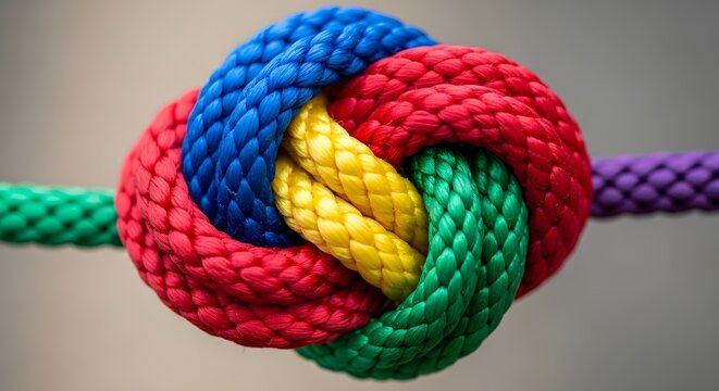 Colorful interwoven knot made of thick ropes in red blue yellow and green