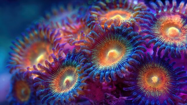 Macro Closeup of Vibrant Zoanthids in an Underwater Reef Setting