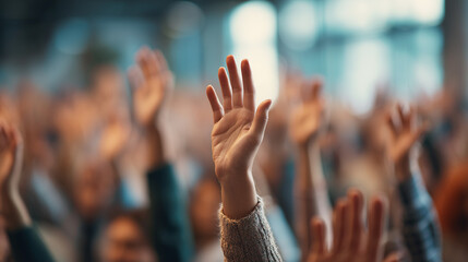 A diverse crowd of people raising their hands during a meeting, showing active participation, engagement, and teamwork in a bright, professional setting.