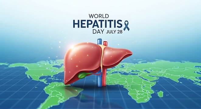 World Hepatitis Day July 28th Awareness Campaign with Liver Illustration on World Map Background.