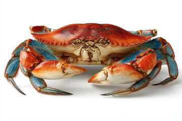 Whole Dungeness Crab on Bright Blue Background: Boiled Ocean Delicacy with Claw and Clamp Features