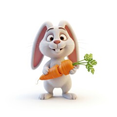Fototapeta premium Cute cartoon rabbit holding a fresh carrot with a happy expression in a bright setting