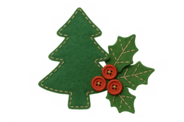 Christmas felt tree and holly craft with stitching pattern and red buttons, holiday season decoration elements, transparent background
