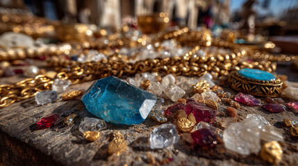 Lot of treasure and blue diamond is on the table,