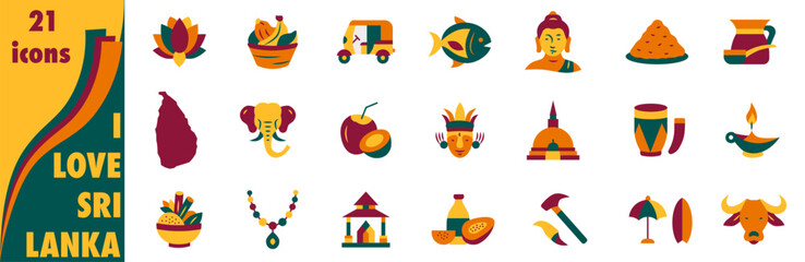 A set of icons dedicated to Sri Lanka in a flat minimalist style using national colors.