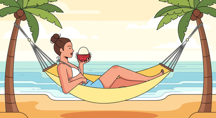 Relaxing Tropical Delight: Woman Enjoys Beachside Leisure and Refreshments Under Palms