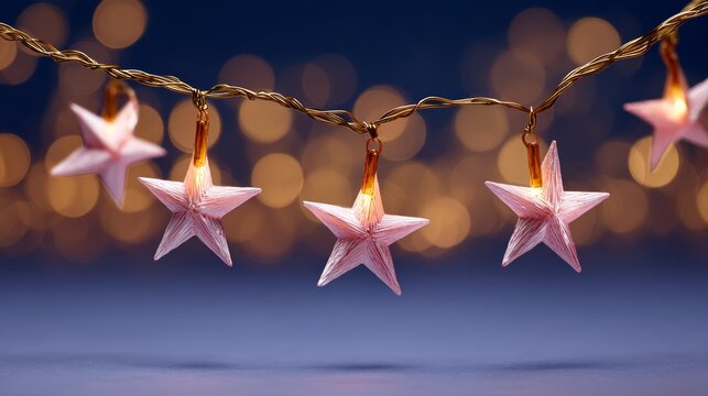 A string of pink stars are lit up and hanging from the ceiling. The stars are lit up and are arranged in a row - Powered by Adobe
