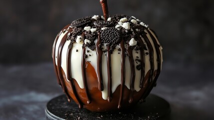 Delicious caramel apple covered in white chocolate, chocolate drizzle, and crushed oreo cookies on a stand