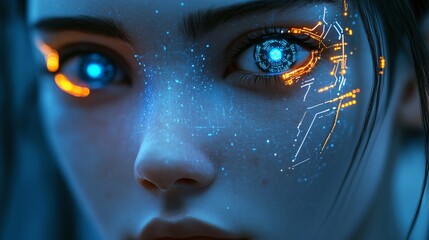 futuristic cybernetic eye close-up with digital interface technology