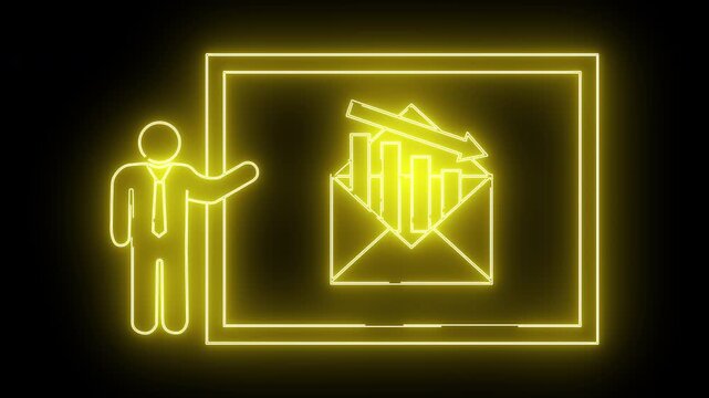 Yellow neon outlines a businessperson presenting declining sales stats in an envelope displayed on a screen against a black background