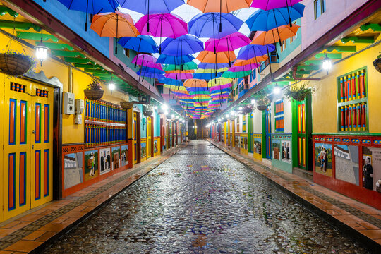 colorful street of guatape colonial town, colombia