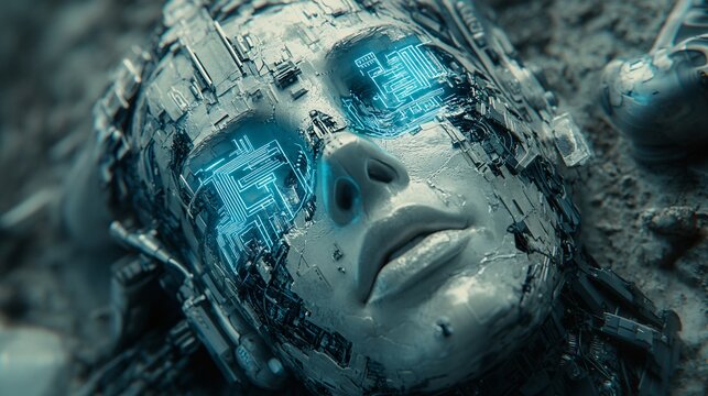 futuristic cybernetic human head embedded with digital circuitry and glowing eyes for ai technology concept