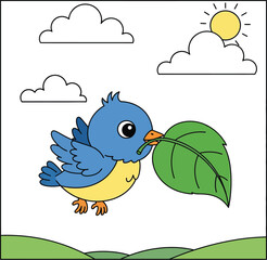 Cute Blue Bird Flying with Green Leaf - Spring Nature Cartoon Illustration