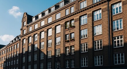 Obraz premium Historic Brick Apartment Building Facade with Many Windows.