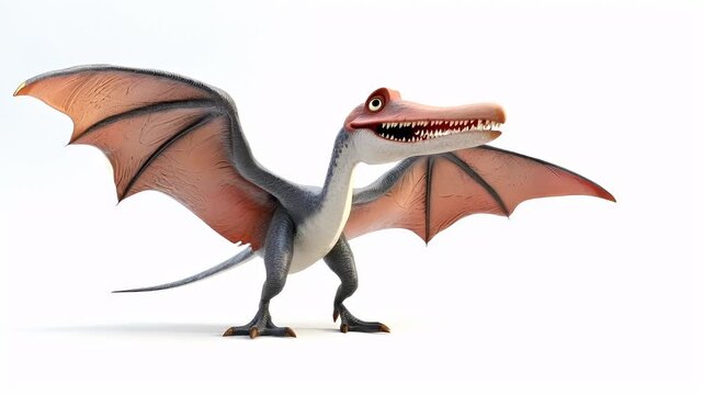 3D model of a pterodactyl dinosaur with open wings and open mouth, rendered in a realistic style with a focus on detail and realism. The creature is depicted in a side profile view.