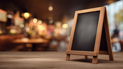 Realistic mockup of a blank wooden cafe chalkboard stand, perfect for showcasing menu designs or promotional messages in a clean and professional presentation.
