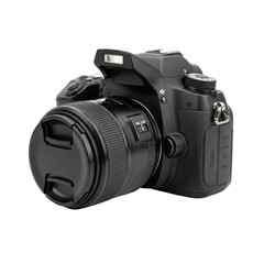 Fototapeta premium Black dslr camera with lens cap and flash on transparent background