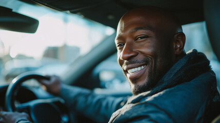 Obraz premium A smiling Black man sitting in the driver seat and looking back with a friendly expression. Natural lighting, candid moment, modern car interior.