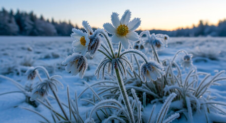 Frozen pasque flowers in winter landscape with hoarfrost at sunrise , ai generated image