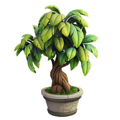 A detailed illustration of a stylized bonsai tree with lush green leaves in a decorative pot.