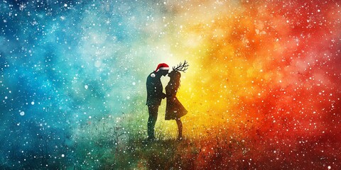 romantic winter love in festive landscape with santa hat and reindeer antlers