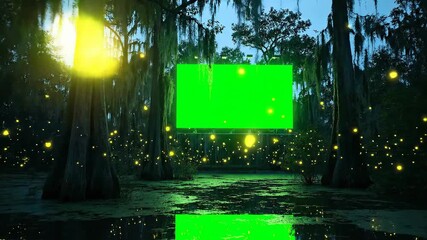 Mystical swamp at night filled with glowing fireflies and a prominent green screen element - Powered by Adobe