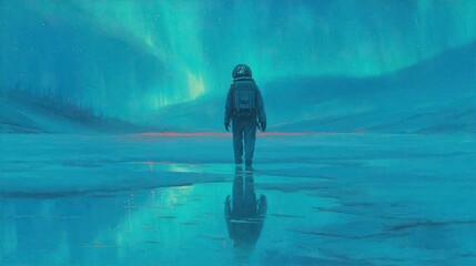 A solitary astronaut, reflecting in a frozen landscape, gazes at a vibrant aurora borealis display.