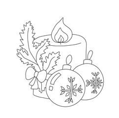 Outline of burning holiday candle decorated for Christmas, two Christmas tree balls and a spruce branch. Vector illustration on a white background