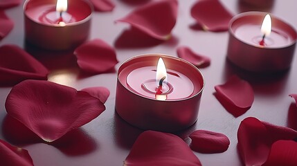 Romantic deep red tone scene with scattered petals and glowing candle reflections