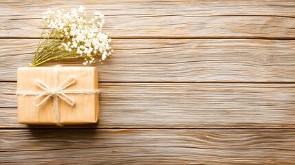 Fototapeta premium Rustic wooden surface decorated with soft bouquet and wrapped present under gentle morning light