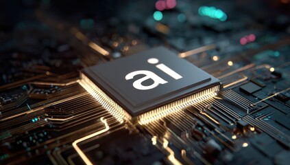 Glowing ai chip on dark electronic circuit board close up