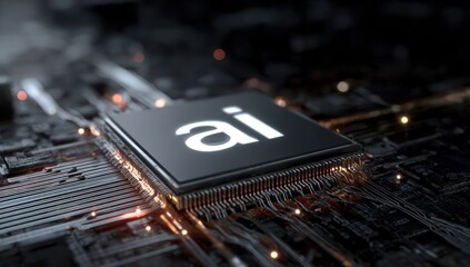 Glowing ai text on dark microchip over circuit board background.