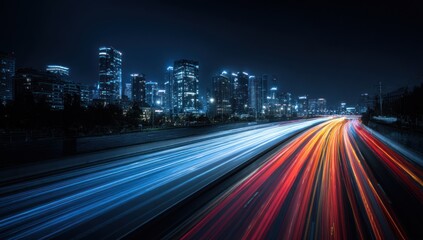 City highway traffic streaks at night with illuminated skyscrapers background