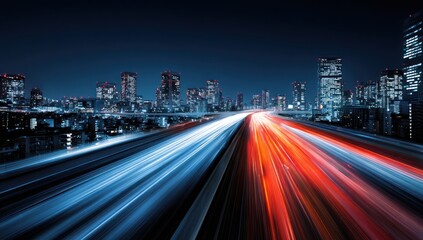 City highway at night with light trails and illuminated skyscrapers background
