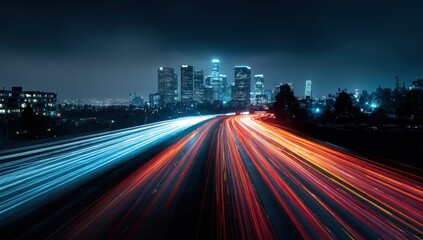 City skyline at night with long exposure light trails on highway.
