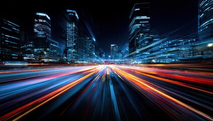 City night traffic streaks past illuminated modern skyscrapers at speed.