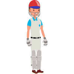 Young Man Cricketer Standing In White And Blue Uniform With Helmet And Pads Ready For Game On Transparent Background