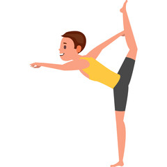 Young Man Performing A Yoga Pose In A Yellow Tank Top And Dark Shorts With Arms Extended And One Leg Raised In A Transparent Background