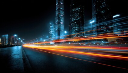 City night traffic streaks past modern illuminated skyscrapers long exposure.