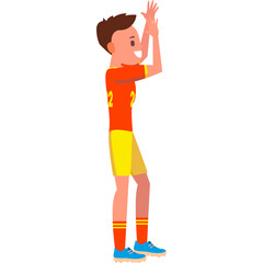 Young Male Athlete Clapping in a Red and Yellow Sports Uniform with Number 12 on Back Against a White Background