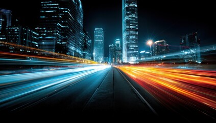 City highway at night with light trails from fast moving traffic
