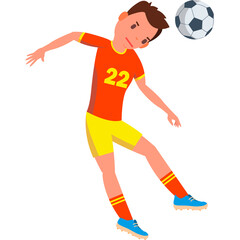 Young Male Soccer Player In Red And Yellow Uniform Heads The Ball During A Game With A Determined Expression And A White Background