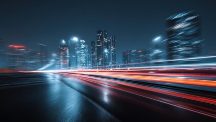 Cityscape at night with light trails from fast moving traffic.