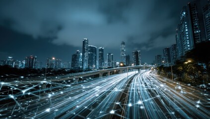 City night traffic light trails with futuristic network overlay